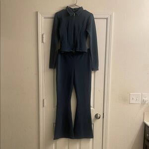 PrettyLittleThing Navy Zip-Front Crop Jacket & Flared Jumpsuit
